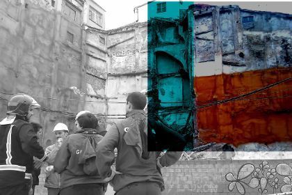 La parte caída (en azul) y el resto de la vivienda (en color)